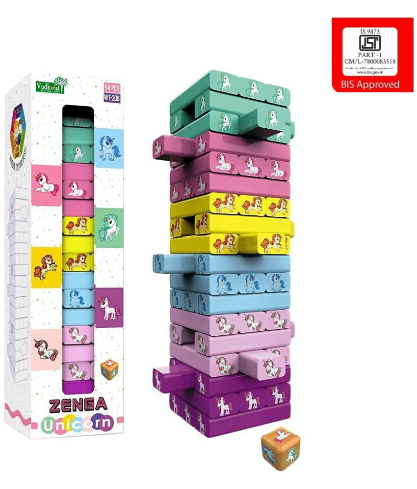 VBE Wooden Blocks 54 Pcs Challenging Color Wooden Tumbling Tower, Wooden Zenga Unicorn Toys with Dices Board Educational Puzzle Game for Adults and Kids