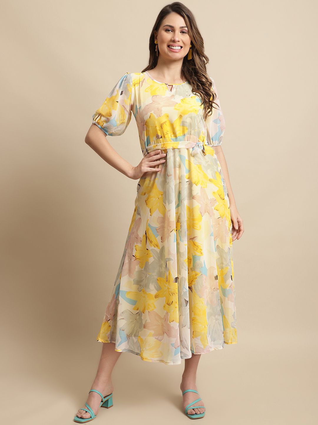     			Fabflee - Yellow Chiffon Women's Fit & Flare Dress ( Pack of 1 )