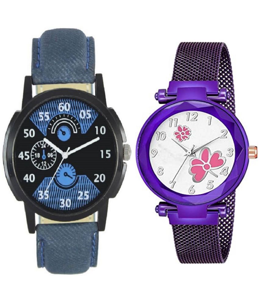     			newmen - Blue Leather Analog Couple's Watch