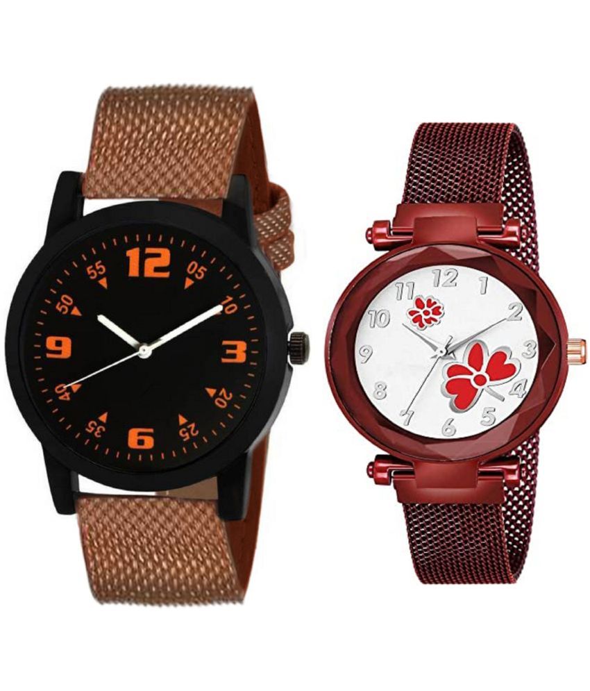     			newmen - Brown PU Analog Couple's Watch