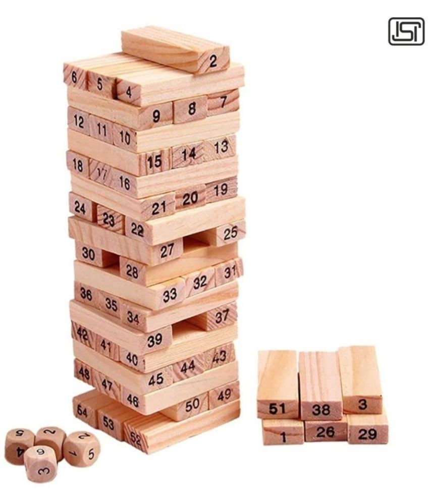     			thriftkart Wooden Blocks Challenging 48pc Wooden Tumbling Tower with 4 Dices, Challenging Maths Game for Adults and Kids