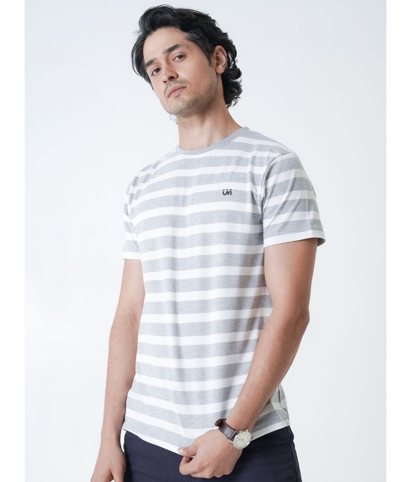     			UrbanMark Men Regular Fit Round Half Sleeves Horizontal Striped T Shirt-Light Grey & White