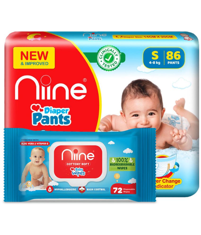     			Niine Combo of Baby Diaper Pants Small(S) Size (Pack of 2) 86 Pants and Biodegradable Baby Wipes with lid 72 Wipes