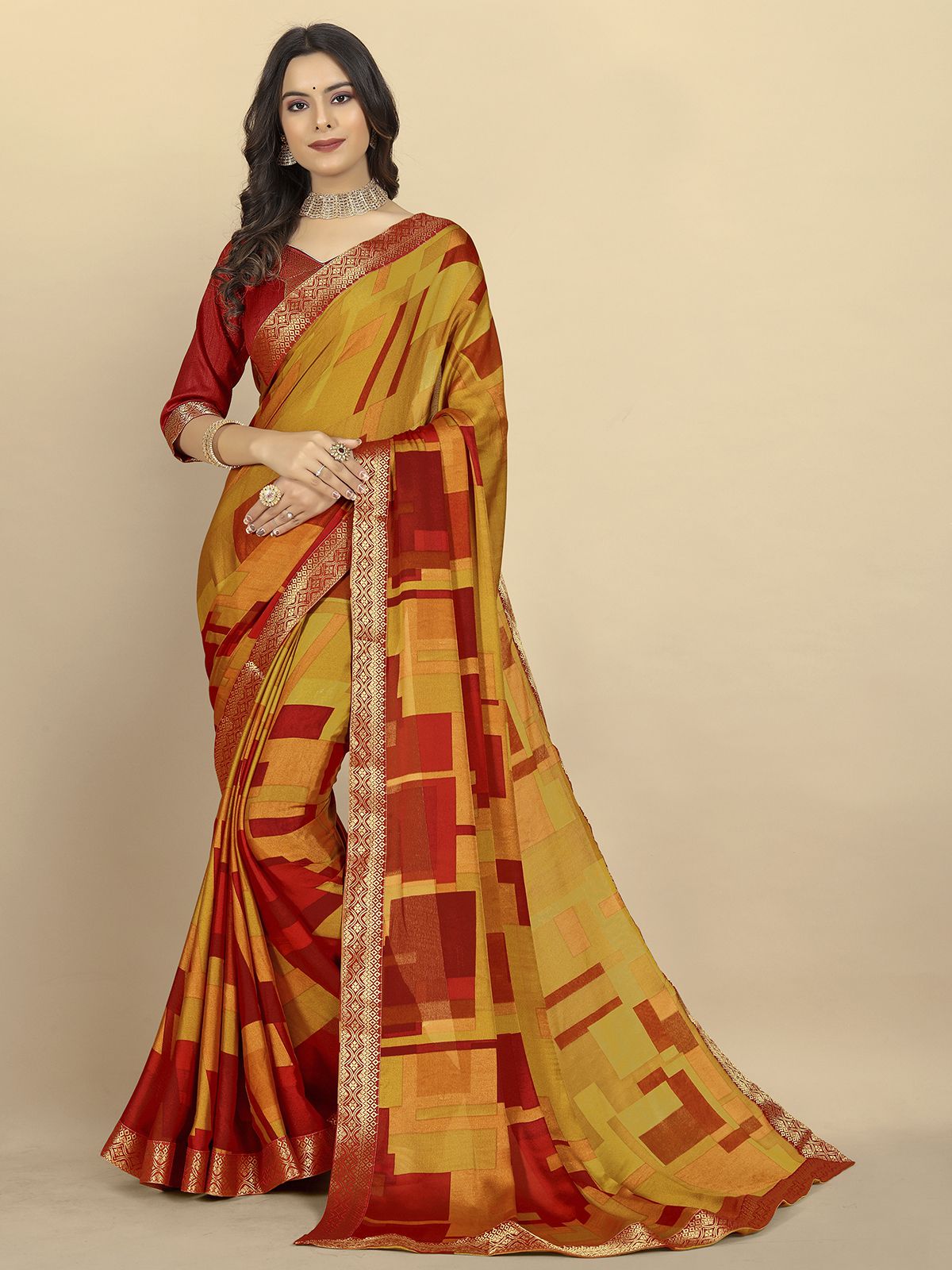 Rangita Women Abstract Printed Moss Georgette Saree With Blouse Piece - Yellow