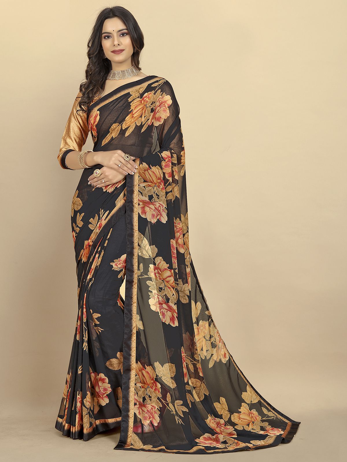 Rangita Women Floral Printed Georgette Saree With Blouse Piece - Black