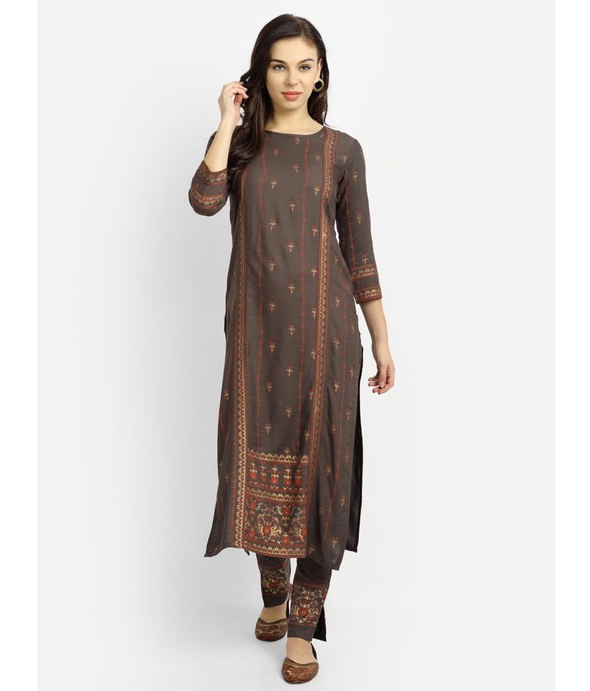     			Madhuram Textiles Rayon Printed Kurti With Pants Women's Stitched Salwar Suit - Brown ( Pack of 1 )