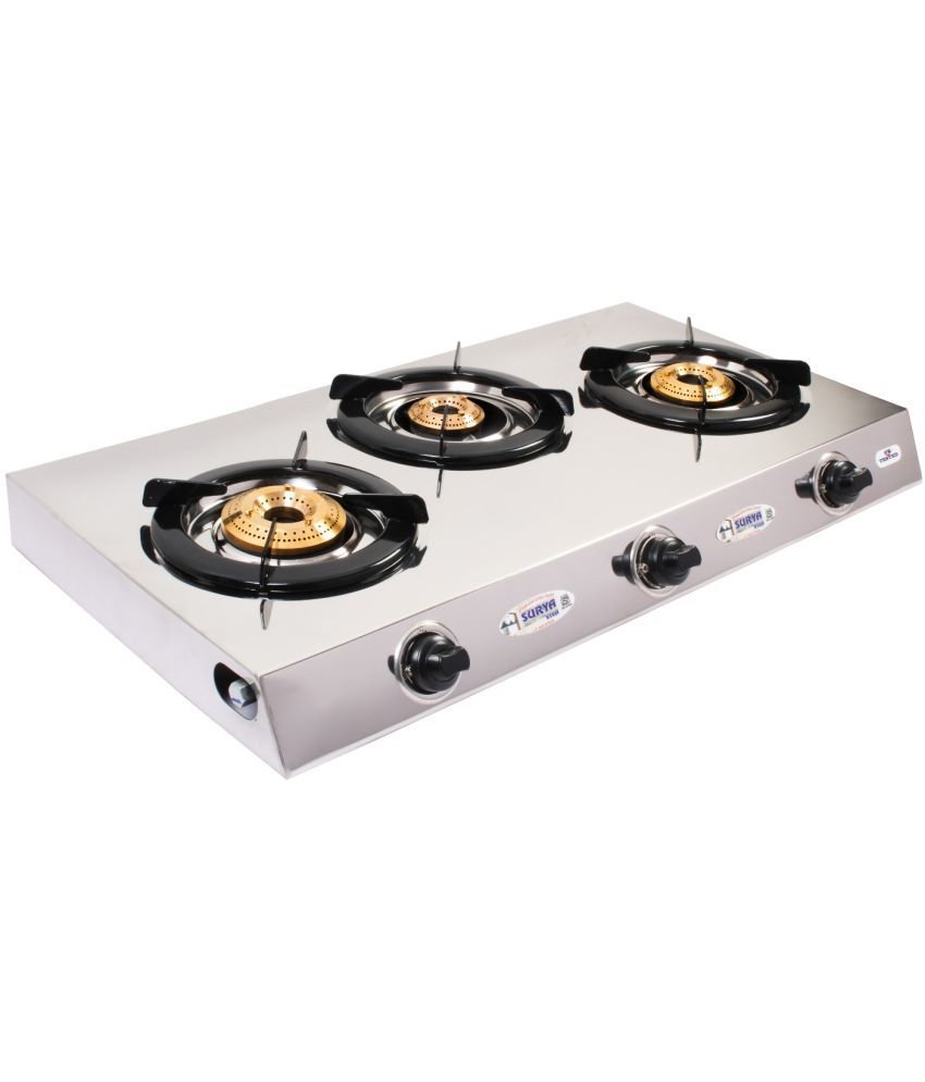     			Suryaviva Tripal Cook 3B Ss Stainless Steel 3 Cast Iron Burner Gas Stove(Manual Ignition,Silver)
