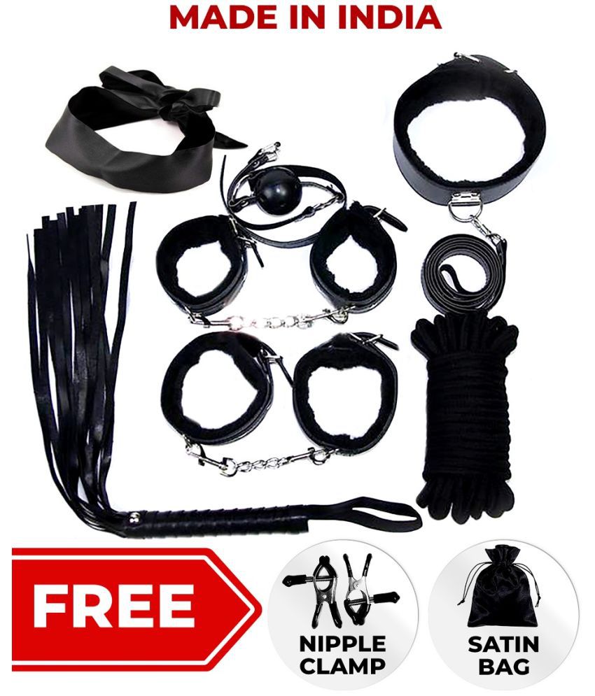 Kamuk Life Black Leather BDSM Bondage sex toy Kit for Adult party fun, honeymoon couples, SM Domination, sexy fun Adult vibrator gifting includes Handcuffs nipple clamps flogger blindfold mouth gag ankle cuff neck collar and rope total-7 pcs