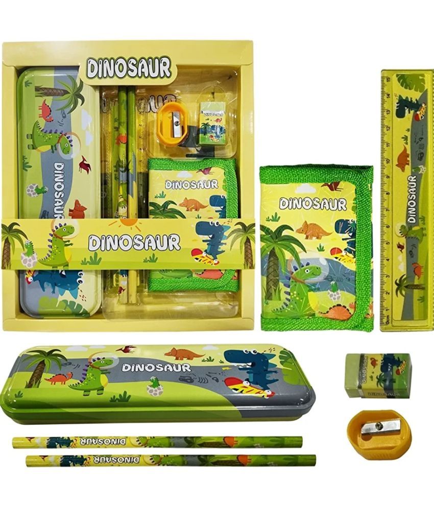     			YESKART-12 pcs All in One Dinosaur Theme Stationery Set Combo  Pencil Box  Gift Set   with 1 Pencil Box Case 2 Pencils 6 Crayon Colours 1 Ruler Scale Eraser Sharpener Kit   pack of 1