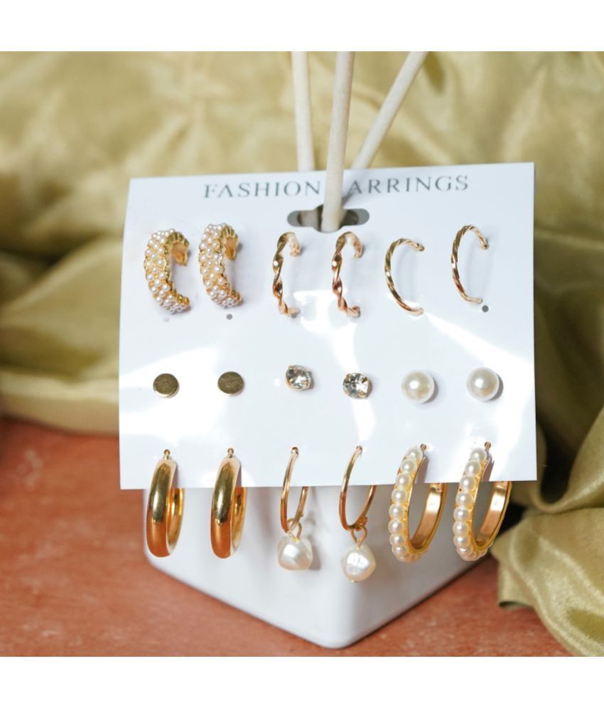     			FASHION FRILL Golden Stud Earrings ( Pack of 9 )