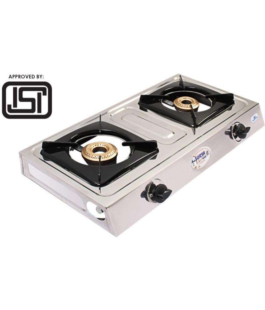     			Suryaviva Neo 2B Ss Stainless Steel 2 Cast Iron Burner Gas Stove(Manual Ignition,Silver)