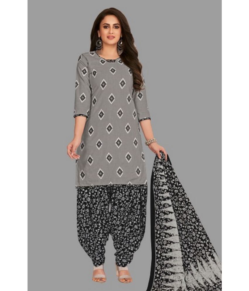     			shree jeenmata collection - Grey Straight Cotton Women's Stitched Salwar Suit ( Pack of 1 )