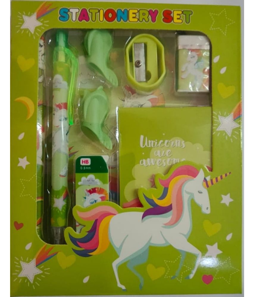     			2332 yeskart -7PC  GREEN UNICORN STATIONERY SET( PACK OF 1) The set includes  1Pen , 1eraser, 1 sharpener , 1DIARY .2pencil grip  and a      all printed with your favourite characters. Just unpackaged your stationery set, &  Start home work
