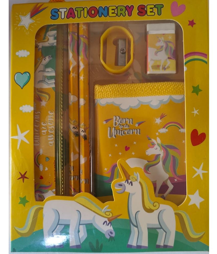     			2333 YESKART -6PC  YELLOW  BERN &UNICORN STATIONERY SET( PACK OF 1) The set includes  two pencils, 1eraser, 1 sharpener , 1 WALLET. and a Scale  all printed with your favourite characters.
