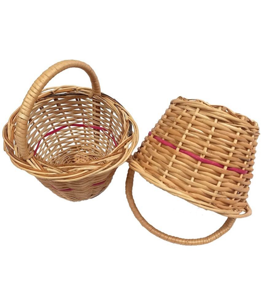     			PRANSUNITA - Wood 2 Pcs Round Small Handle Kashmir Wicker Willow Wooden basket ( Pack of 2 )