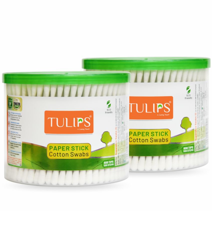     			TULIPS Cotton Ear Buds/Swabs {pack of 2} with White PAPER Sticks {300/600 Tips} in a Jar