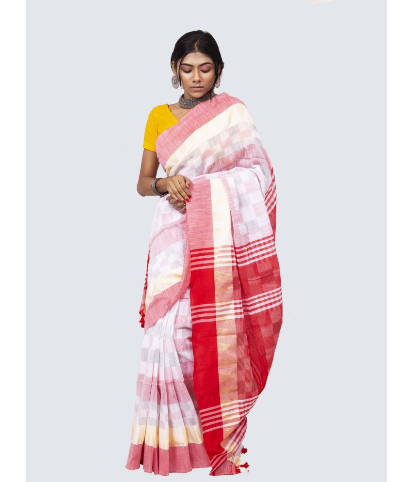     			AngaShobha - White Cotton Blend Saree With Blouse Piece ( Pack of 1 )