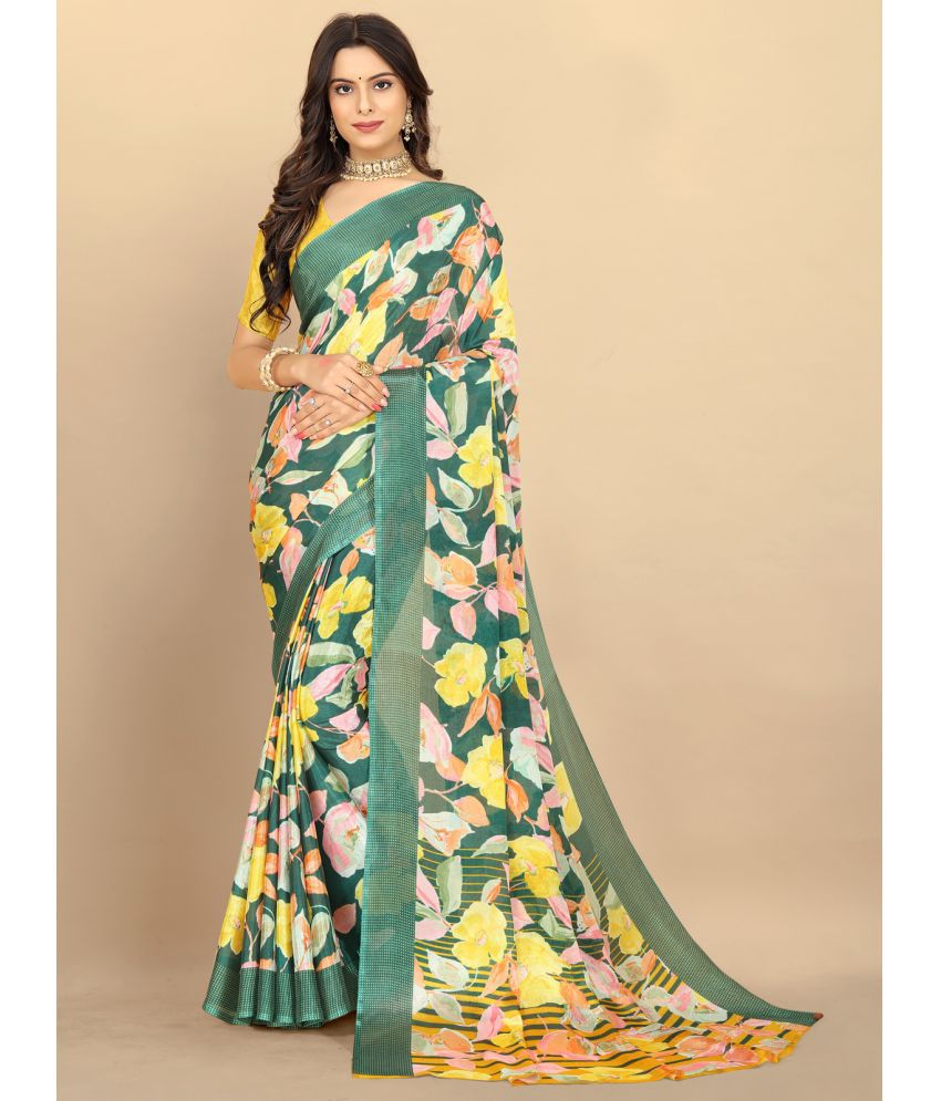     			Rangita Women Floral Printed Chiffon Saree With Blouse Piece - Green