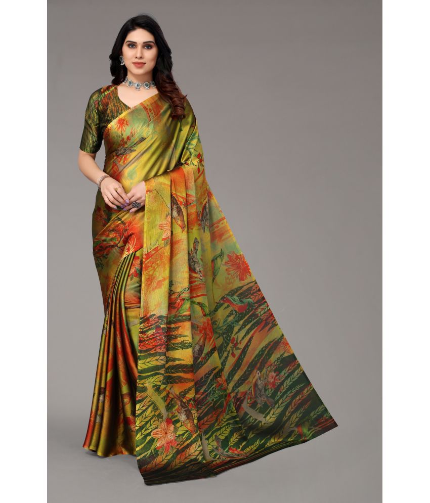 Rangita Women Nature Printed Chiffon Saree With Blouse Piece - Olive