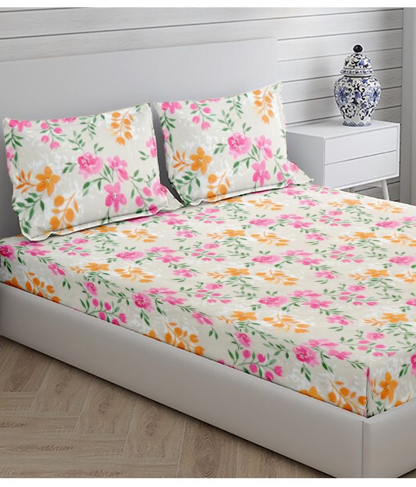     			HOMETALES Microfiber Floral Double Bedsheet with 2 Pillow Covers - Pink