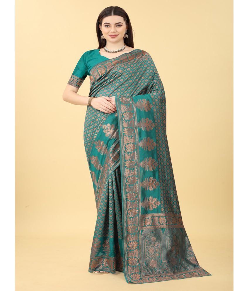     			NENCY FASHION - SkyBlue Banarasi Silk Saree With Blouse Piece ( Pack of 1 )