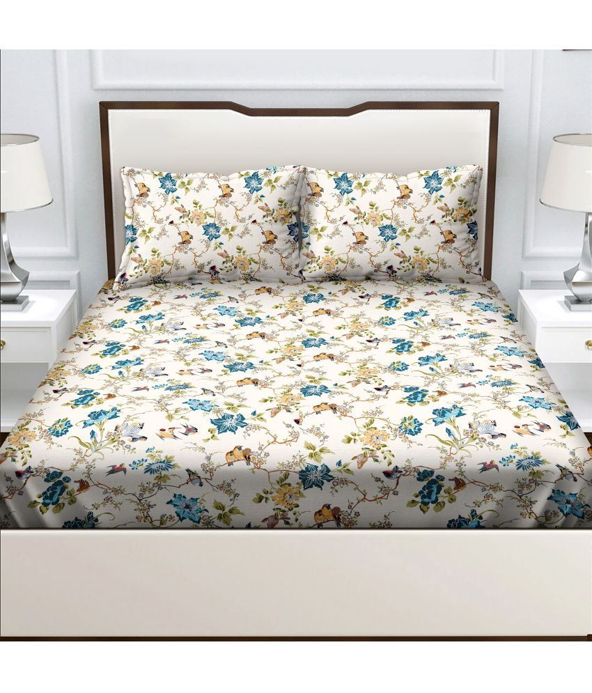     			Bella Casa - Blue Cotton Double Bedsheet with 2 Pillow Covers