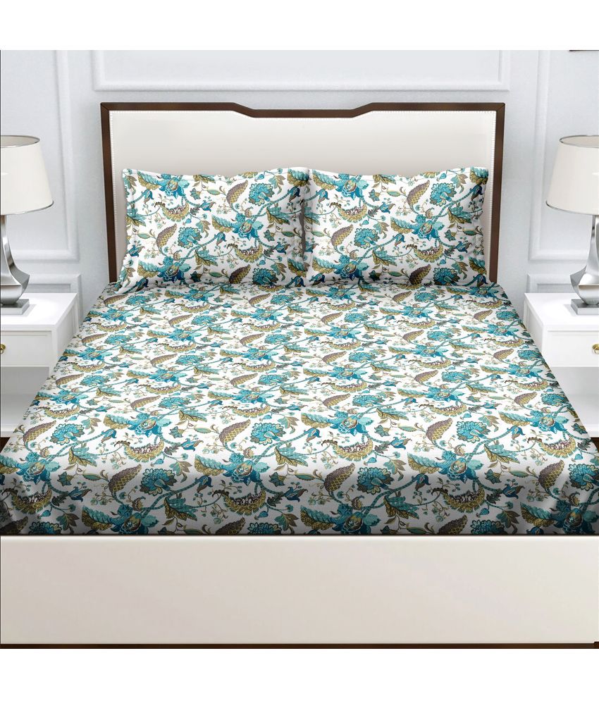     			Bella Casa - Teal Cotton Double Bedsheet with 2 Pillow Covers