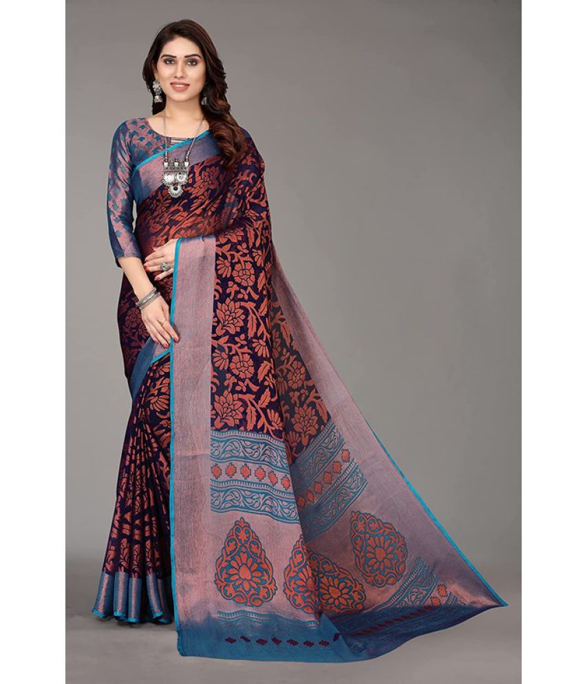     			Sitanjali Lifestyle - Navy Blue Brasso Saree With Blouse Piece ( Pack of 1 )