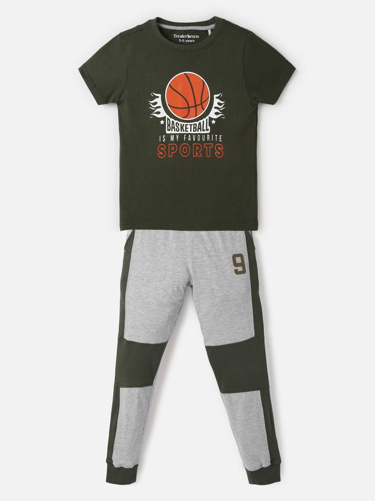     			UrbanMark Junior Boys Cotton Half Sleeves Basket Ball T-shirt & Jogger Set-Olive & Grey