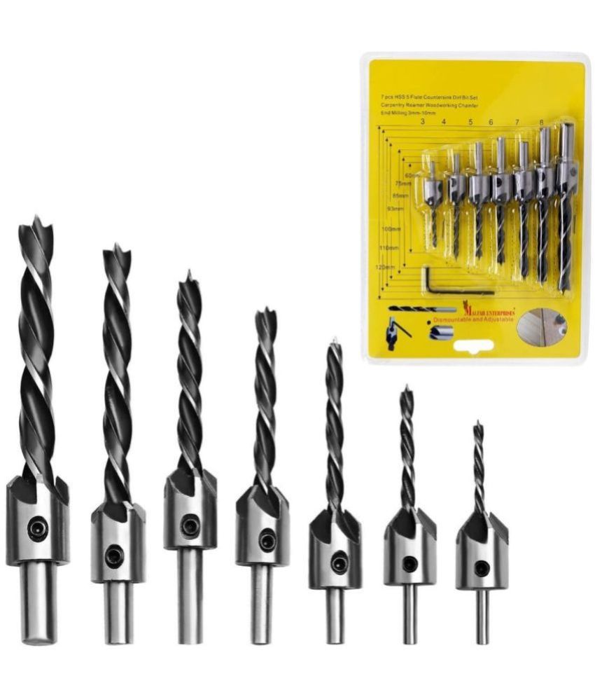     			Rangwell COUNTERSINK DRILL BIT SET 3MM TO 10MM MAF 7PCS BIG brad point woodworking hss drill bit set with countersink Attachment special wooden chamfer tool for drilling screw with head counter on wood set of 7pcs 3mm to 10mm