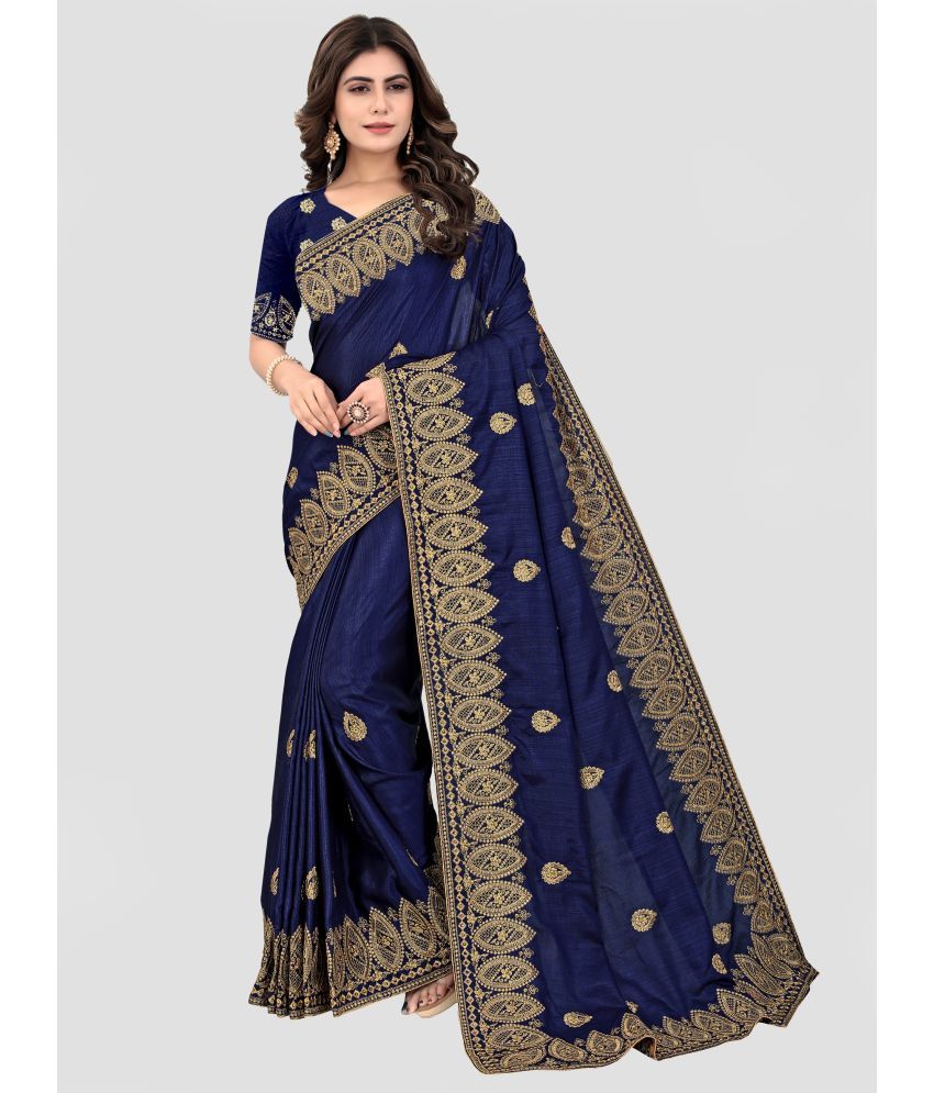     			Om Shantam Sarees - Navy Blue Silk Blend Saree With Blouse Piece ( Pack of 1 )