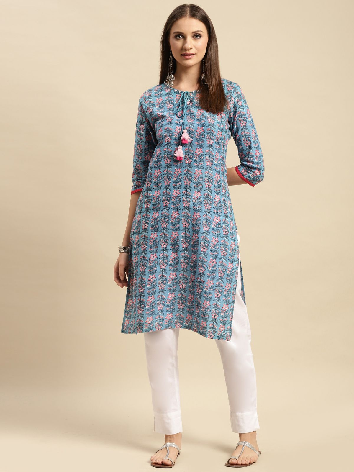     			Rangita Women 100% Cotton Blue Floral Printed Knee Length Straight Kurti