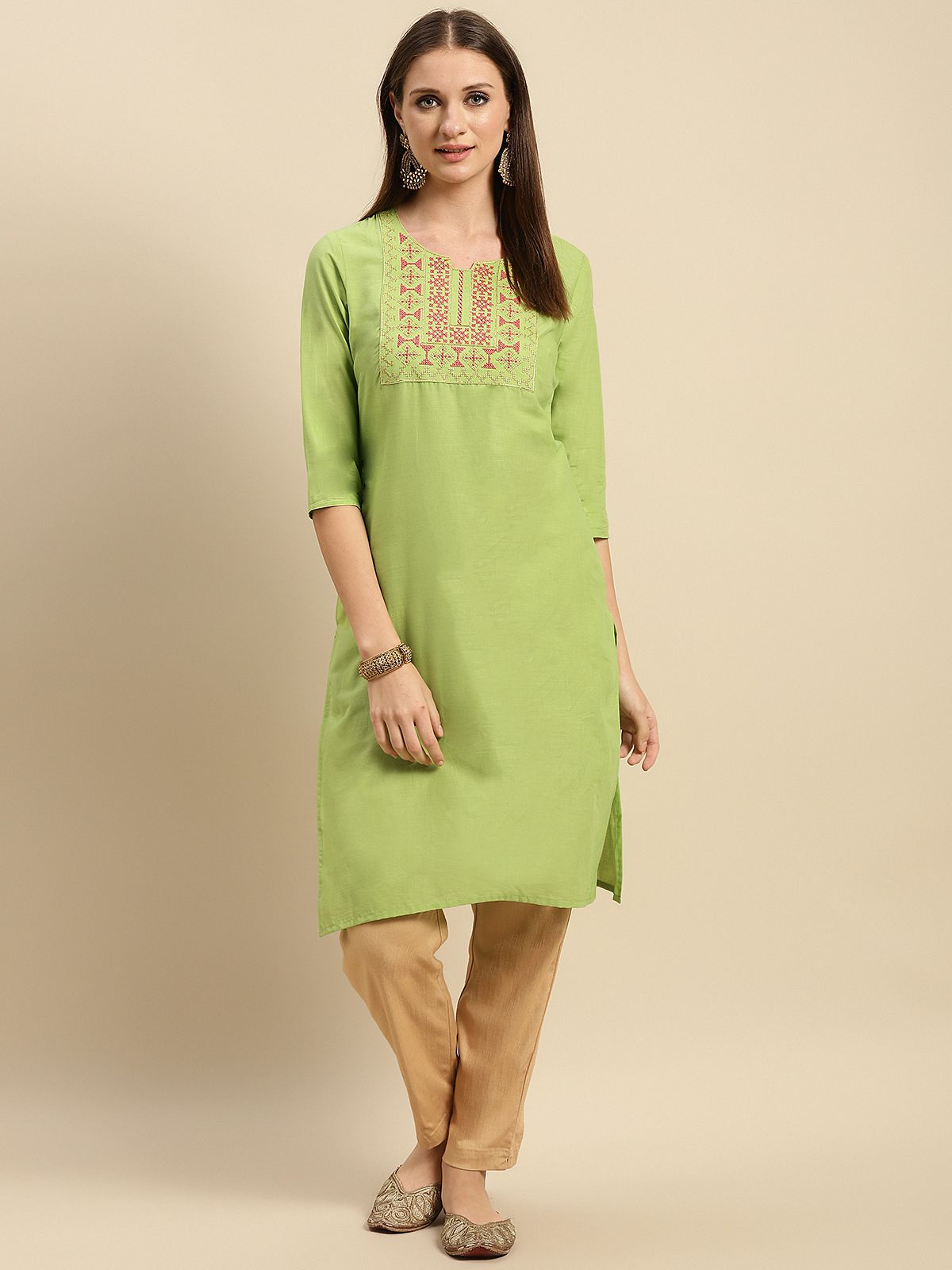     			Rangita Women 100% Cotton Green Yoke Zari Embroidered Knee Length Straight Kurti