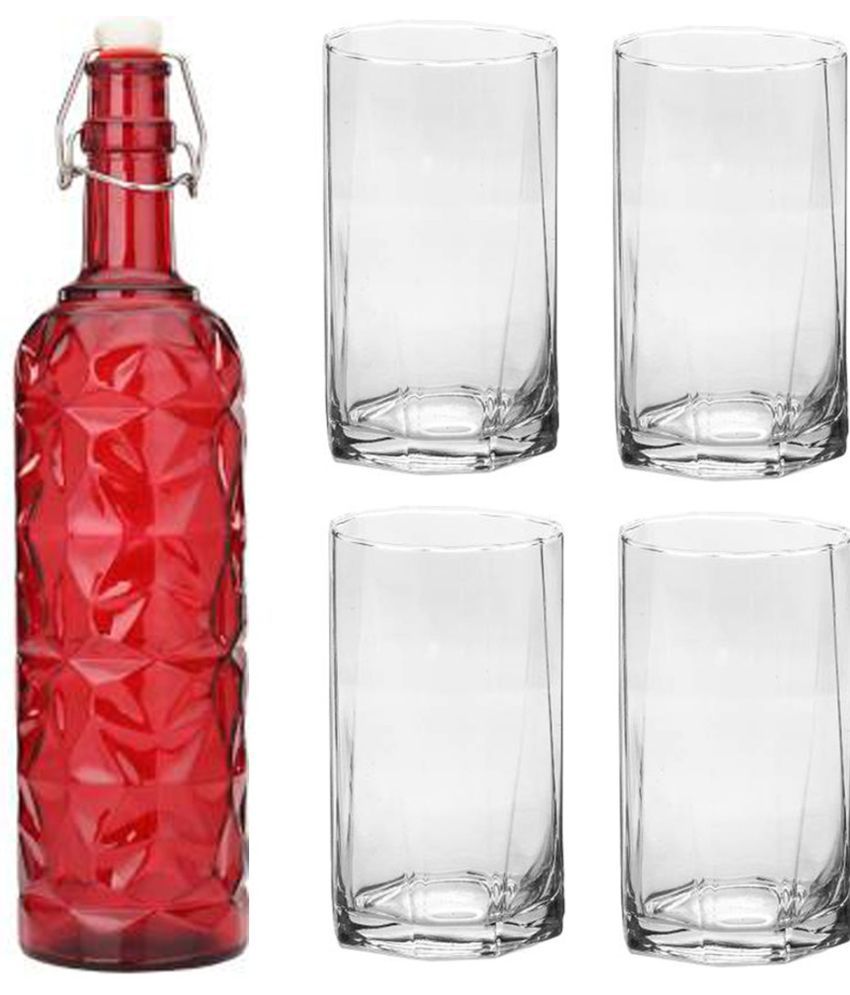     			Somil - Glass & Bottle Drinks Serving Lemon Set Red Water Bottle 1000 mL ( Set of 1 )