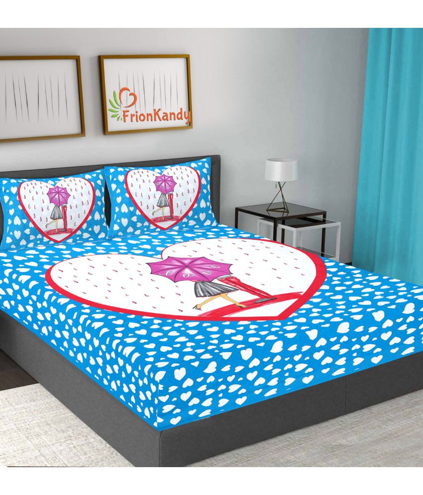     			FrionKandy Living Cotton Graphic Double Bedsheet with 2 Pillow Covers-Turquoise