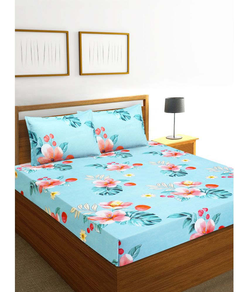     			HOMETALES Microfiber Floral Printed Double Bedsheet with 2 Pillow Covers - Sky Blue