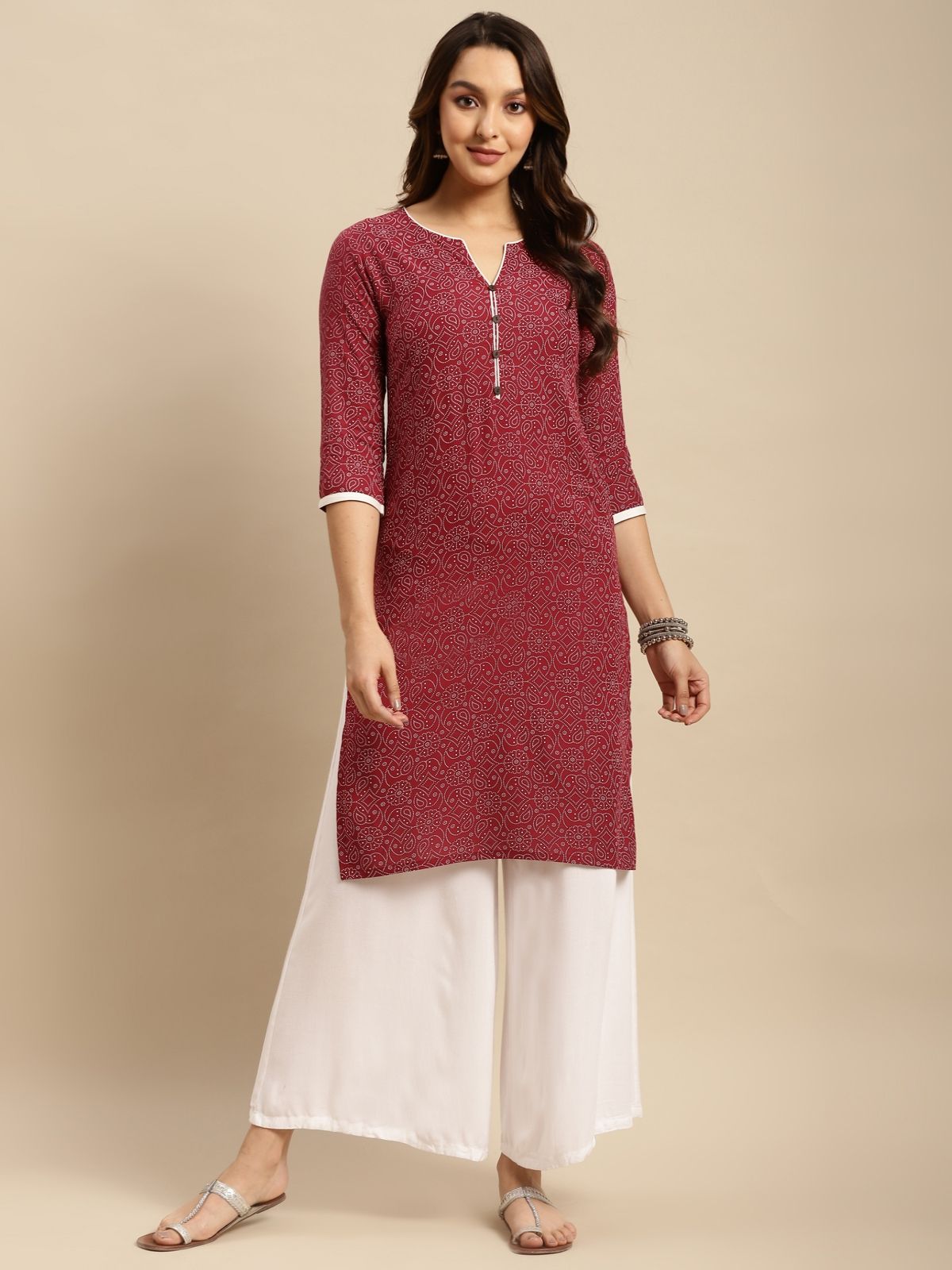     			Rangita Women Rayon Maroon Tonal Printed Contrast Placket Knee Length Straight Kurti