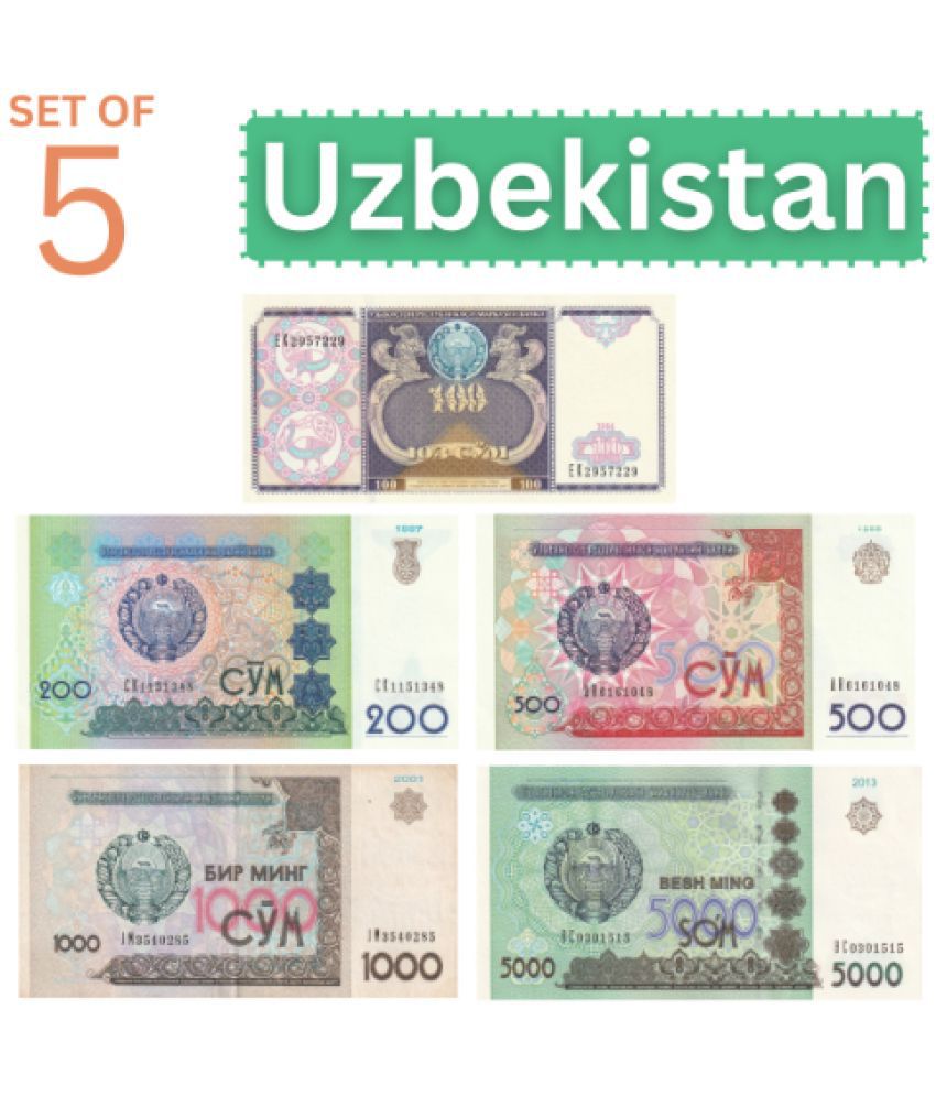    			Numiscart - Set of 5 - 100,200,500,1000 and 5000 So‘m (1994-2013) Uzbekistan Collectible Rare 5 Notes Paper currency & Bank notes
