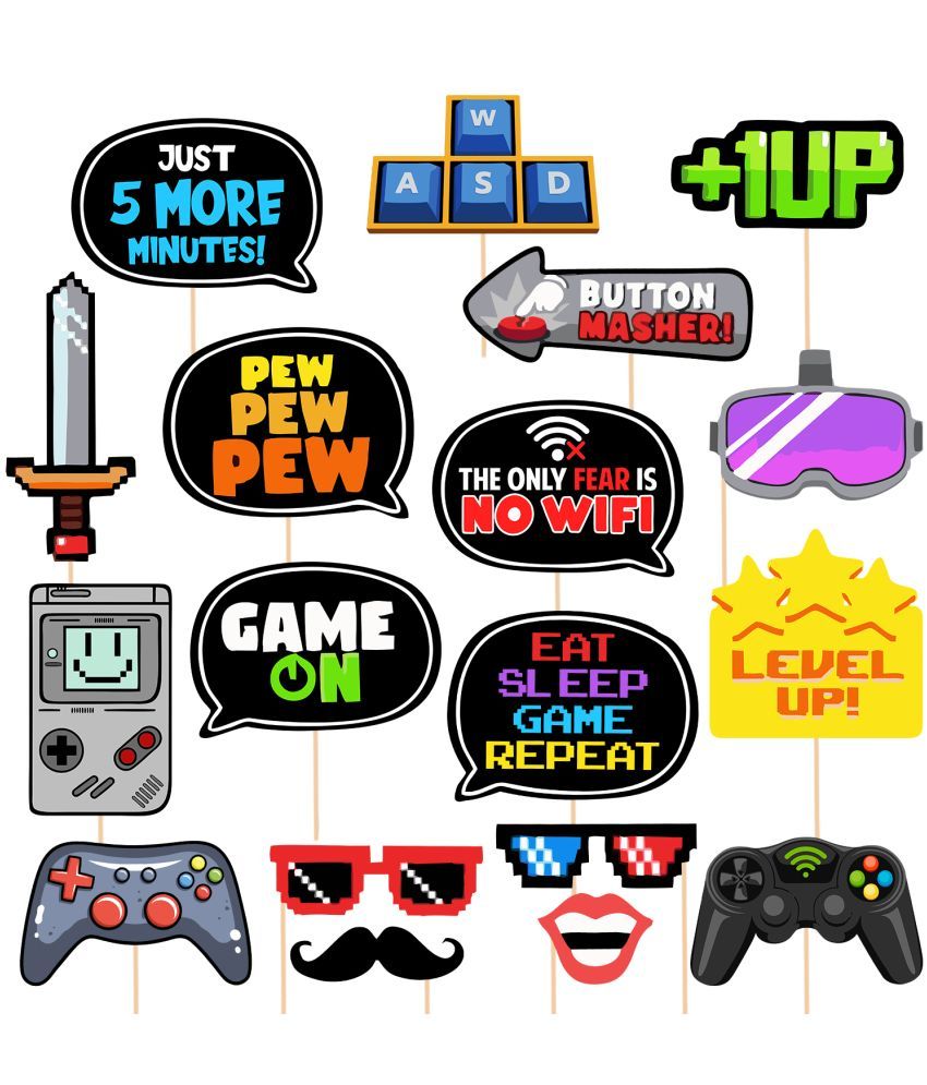     			Zyozi Game Zone - Pixel Video Game Party or Birthday Party Photo Booth Props Kit - 18 Count