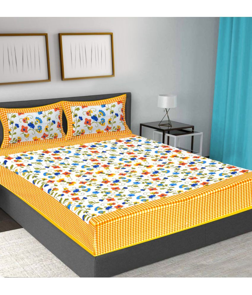     			FrionKandy Living Cotton Abstract Double Bedsheet with 2 Pillow Covers - Yellow