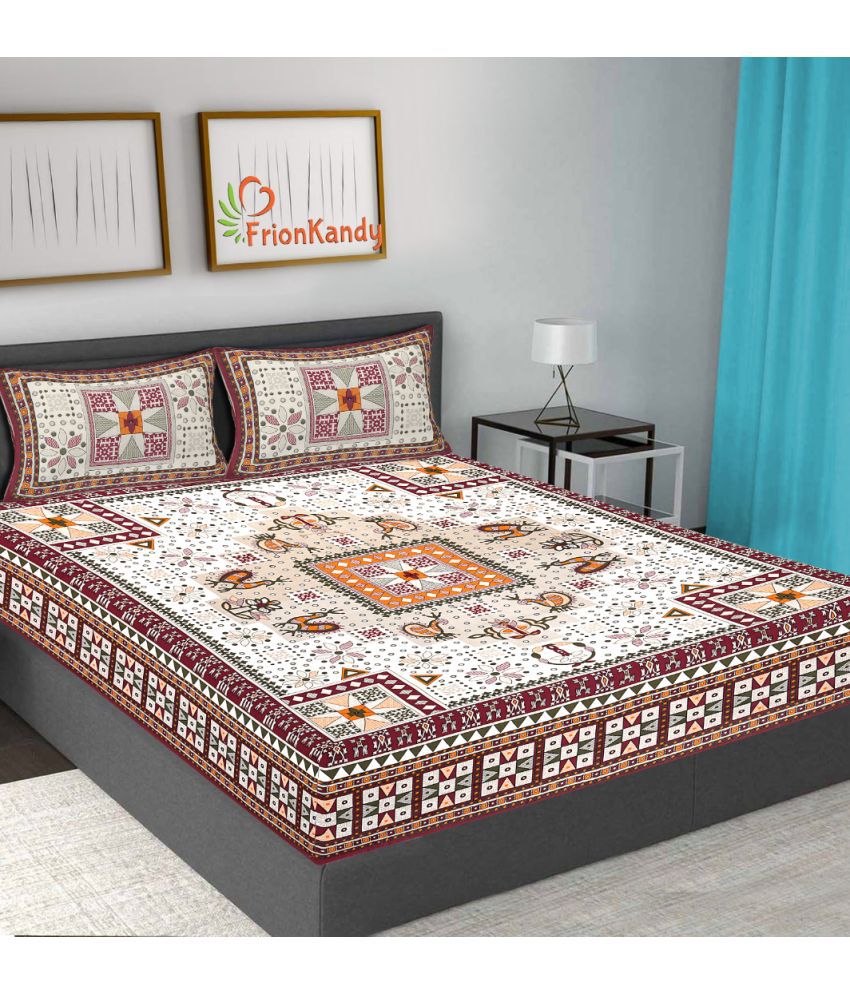 FrionKandy Living Cotton Abstract Double Bedsheet with 2 Pillow Covers - Maroon