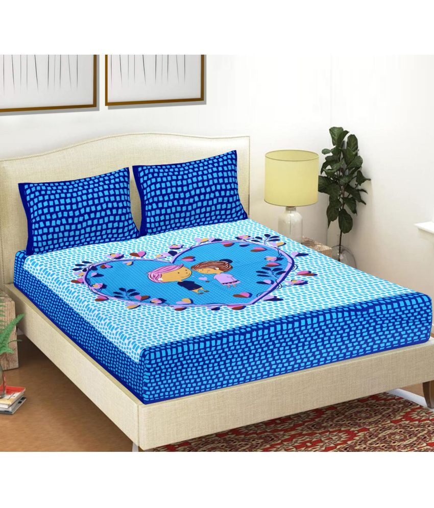     			FrionKandy Living Cotton Abstract Double Bedsheet with 2 Pillow Covers - Blue