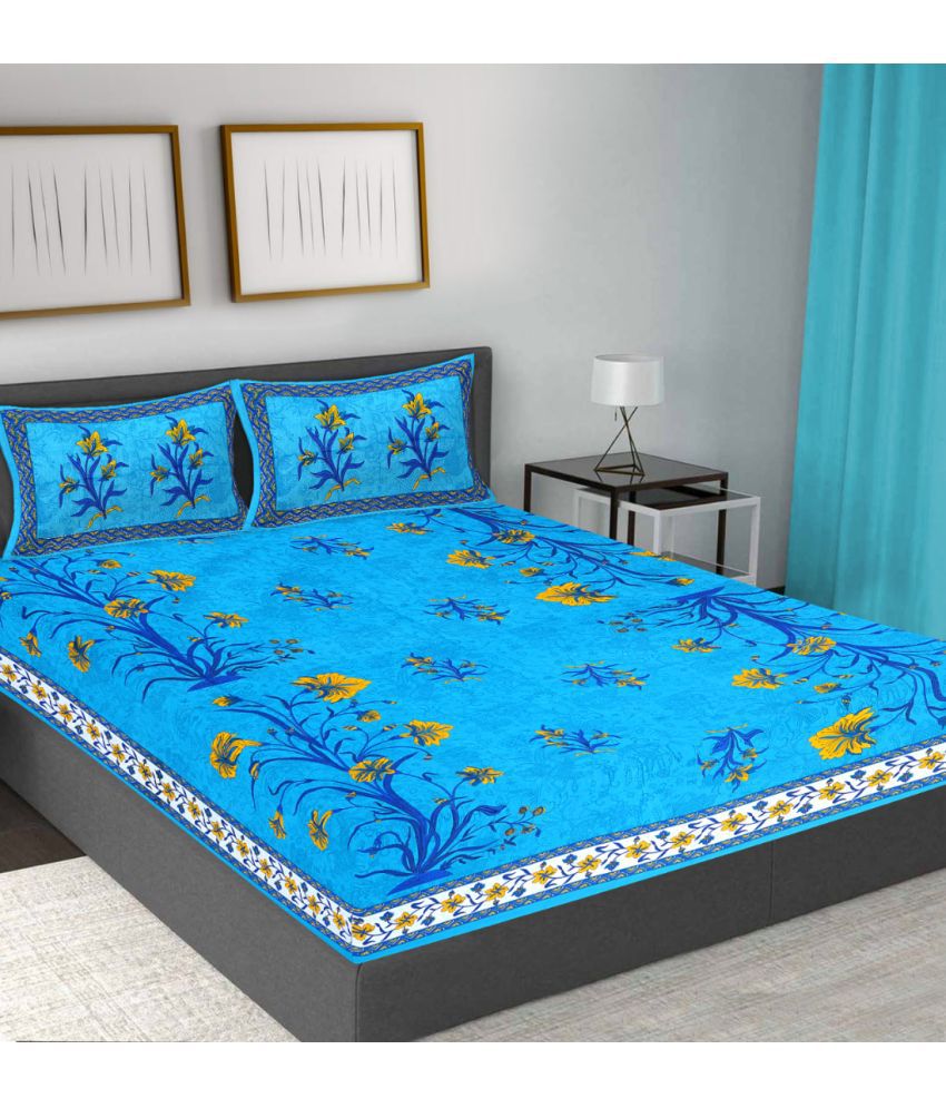     			FrionKandy Living Cotton Abstract Double Bedsheet with 2 Pillow Covers - Turquoise
