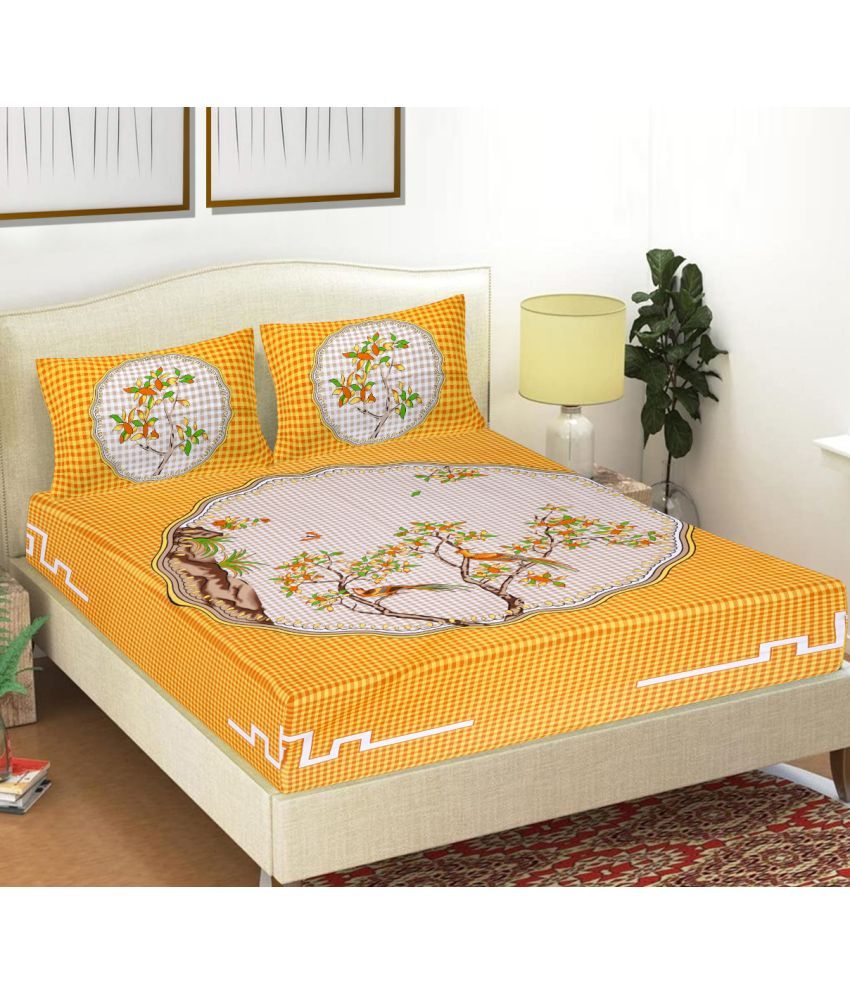     			FrionKandy Living Cotton Abstract Double Bedsheet with 2 Pillow Covers - Yellow