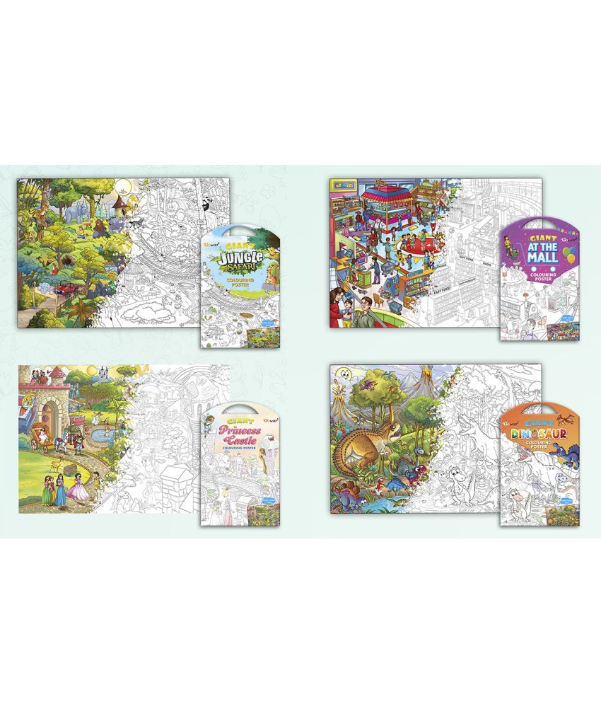     			GIANT JUNGLE SAFARI COLOURING POSTER, GIANT AT THE MALL COLOURING POSTER, GIANT PRINCESS CASTLE COLOURING POSTER and GIANT DINOSAUR COLOURING POSTER | Gift Pack of 4 Posters I  Coloring Posters jumbo Pack