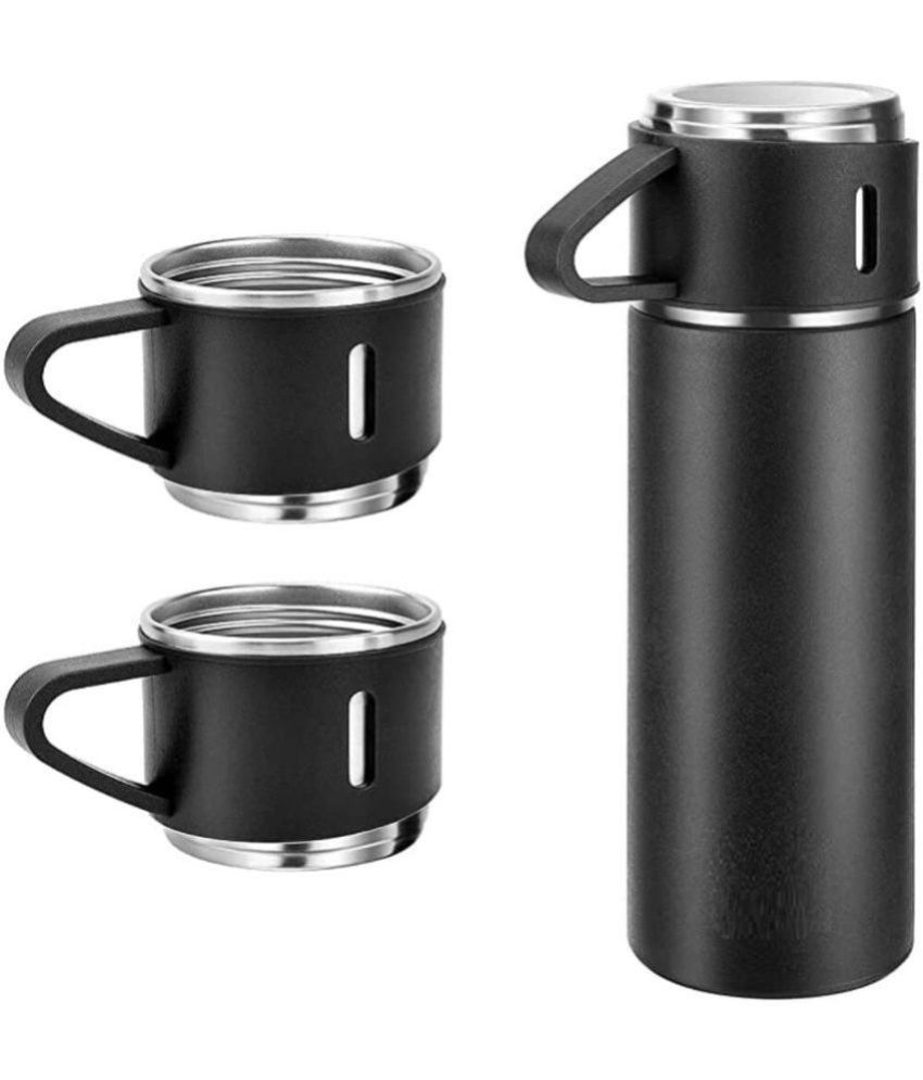     			Jellify 500ml Stainless Steel Black Vacuum Insulated Thermos Flask Water Bottle with 3 Tea Cups Set with Gift Box