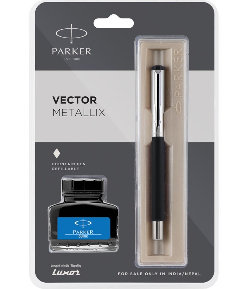     			Parker Vector Metallix Fountain Pen Black Body Color Fine Nib With Quink Ink Bottle Fountain Pen
