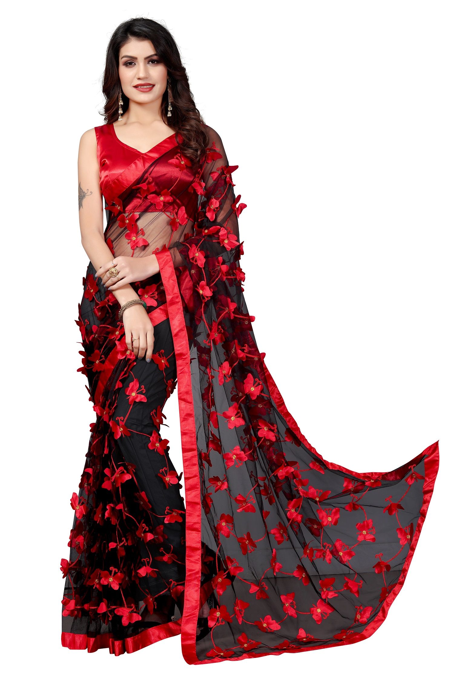     			Apnisha - Black Net Saree With Blouse Piece ( Pack of 1 )