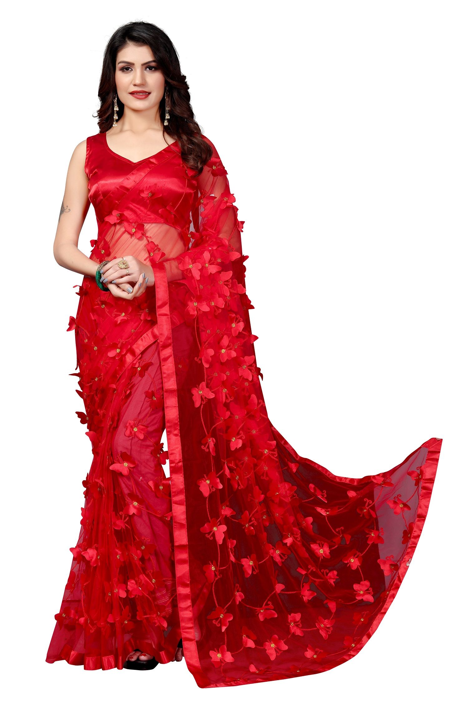     			Apnisha - Red Net Saree With Blouse Piece ( Pack of 1 )