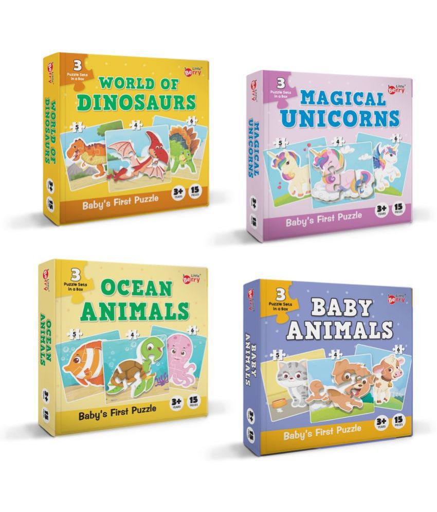     			Little Berry Baby’s First Jigsaw Puzzle Set of 4 for Kids: Baby Animals, Ocean Animals, World of Dinosaurs & Magical Unicorns - 15 Puzzle Pieces Each